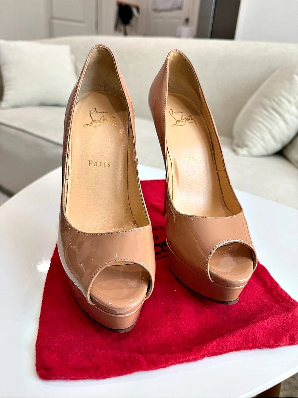 Authentic** Christian Louboutin Lady Peep 150 Nude Patent Platform Pumps EU 38 - Picture 2 of 6